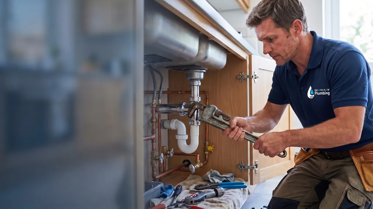 Smooth Flow Plumbing plumber repairing pipes under a kitchen sink